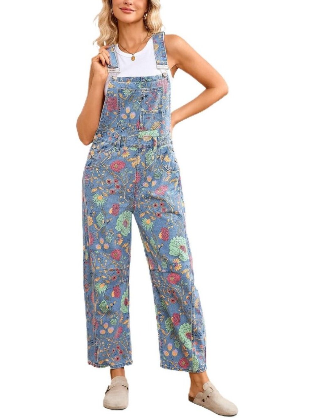 Floral Denim Overalls for Women | Adjustable Strap Barrel Leg Jumpsuit